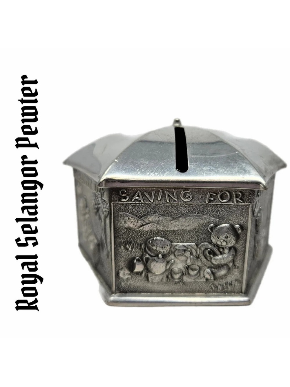 Royal Selangor Pewter Hexagon 3D Teddy Bear Umbrella Savings Bank 3 X 2.5